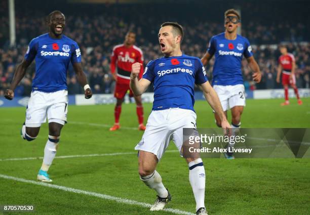 Leighton Baines of Everton celebrates scoring his sides third goal during the Premier League match between Everton and Watford at Goodison Park on...