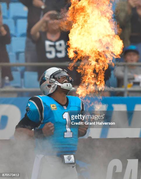 Cam Newton of the Carolina Panthers takes the field against the Atlanta Falcons before their game at Bank of America Stadium on November 5, 2017 in...