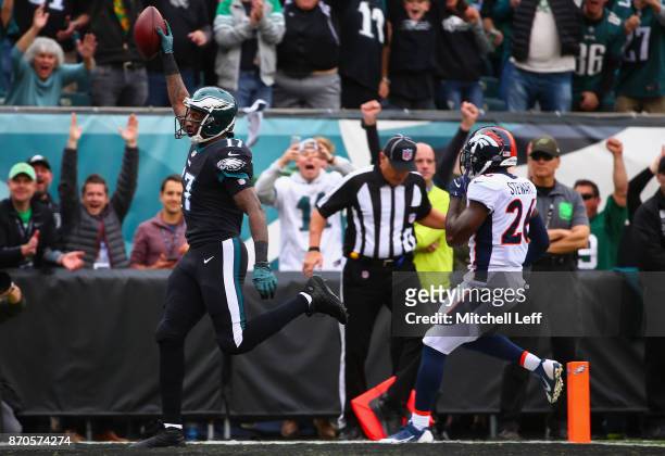 Wide receiver Alshon Jeffery of the Philadelphia Eagles scores a touchdown against free safety Darian Stewart of the Denver Broncos during the first...