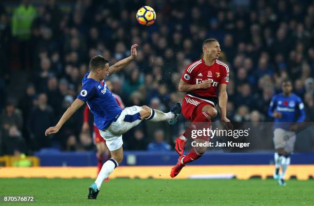 Phil Jagielka of Everton fouls Richarlison de Andrade of Watford during the Premier League match between Everton and Watford at Goodison Park on...