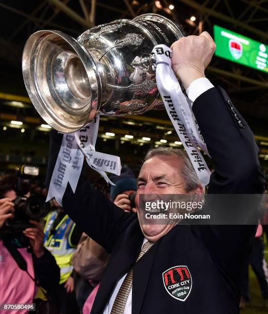 Dublin , Ireland - 5 November 2017; Cork City manager John Caulfield celebrates with the cup after the Irish Daily Mail FAI Senior Cup Final match...