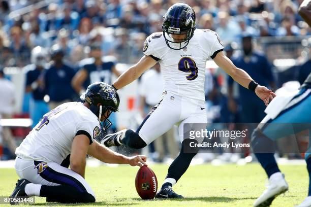 Justin Tucker of the Baltimore Ravens kicks a field goal against the Tennessee Titans during the first half at Nissan Stadium on November 5, 2017 in...