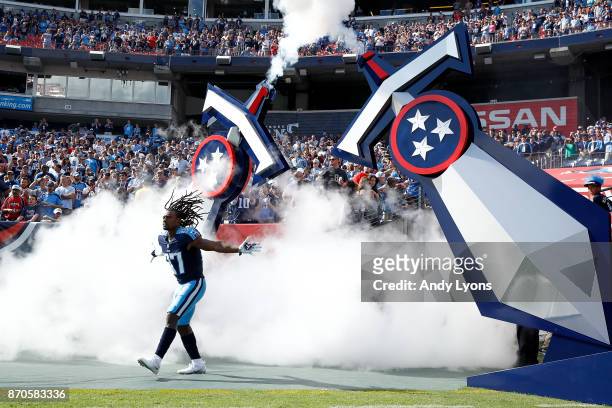 Johnathan Cyprien of the Tennessee Titans takes the field during introductions prior to game against the Baltimore Ravens at Nissan Stadium on...