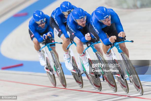 Francesco Lamon, Liam Bertazzo, Simone Connsonni, Filippo Ganna - Men`s team during day 2 - afternoon session - of Track Cycling World Cup Pruszkow...