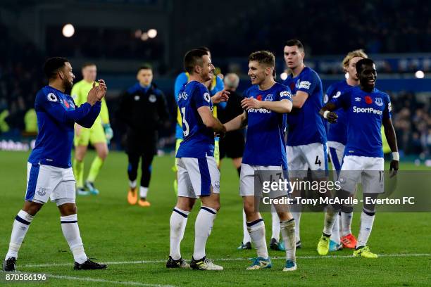 Leighton Baines and Jonjoe Kenny of Everton at the end of the Premier League match between Everton and Watford at Goodison Park on November 5, 2017...
