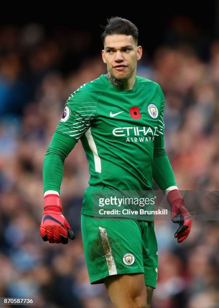Ederson Moraes of Manchester City in action during the Premier League match between Manchester City and Arsenal at Etihad Stadium on November 5, 2017...