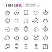 Collection of time and clock thin line icons.