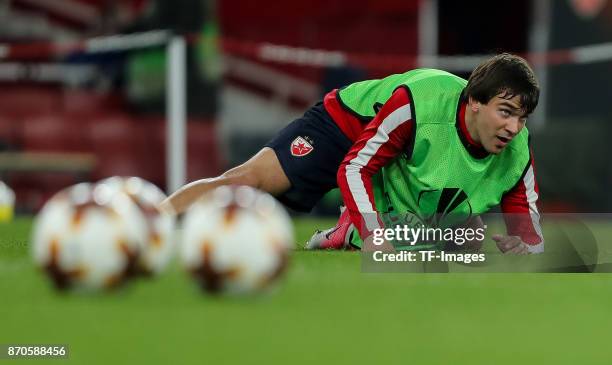 Filip Stojkovic of Red Star Belgrade controls the ball during UEFA Europa League Group H match between Arsenal and Red Star Belgrade at The Emirates...