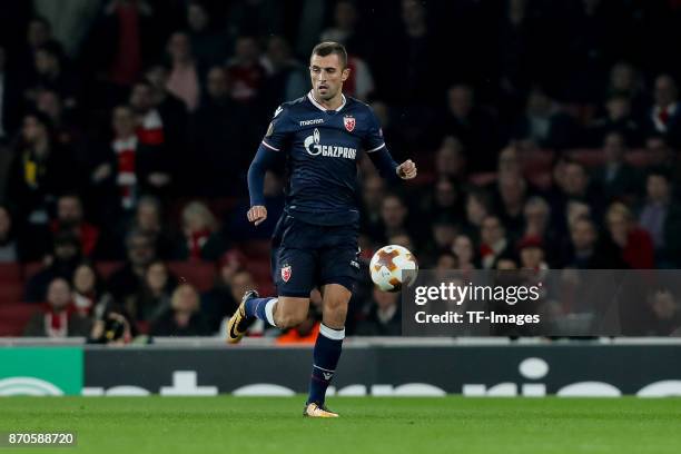 Nenad Krsticic of Red Star Belgrade controls the ball during UEFA Europa League Group H match between Arsenal and Red Star Belgrade at The Emirates ,...
