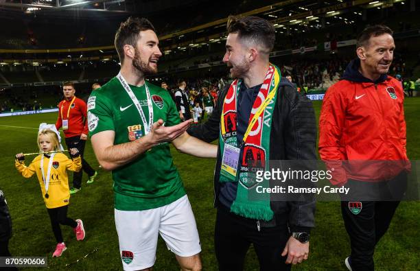 Dublin , Ireland - 5 November 2017; Cork City's Gearóid Morrissey in conversation with Former Cork City player Sean Maguire following the Irish Daily...