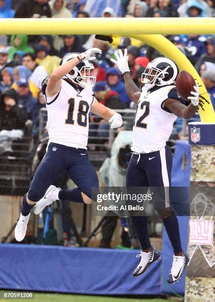 Sammy Watkins of the Los Angeles Rams celebrates scoring a touchdown with Cooper Kupp against the New York Giants in the second quarter during their...