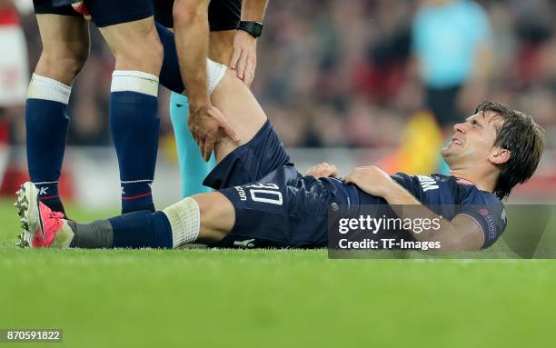 Filip Stojkovic of Red Star Belgrade on the ground during UEFA Europa League Group H match between Arsenal and Red Star Belgrade at The Emirates ,...