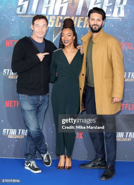 Jason Isaacs, Sonequa Martin-Green and Shazad Latif attend the 'Star Trek: Discovery' photocall at Millbank Tower on November 5, 2017 in London,...