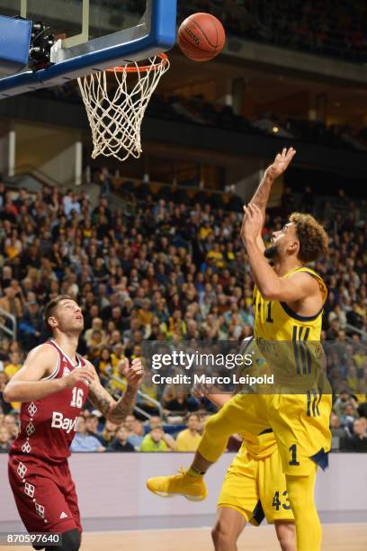 Stefan Jovic of FC Bayern Muenchen and Joshiko Saibo of Alba Berlin during the game between Alba Berlin and FC Bayern Muenchen on November 5, 2017 in...