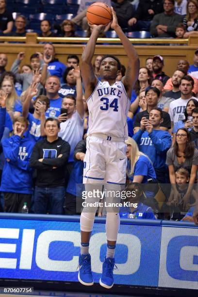 Wendell Carter, Jr. #34 of the Duke Blue Devils puts up a shot against the Bowie State Bulldogs at Cameron Indoor Stadium on November 4, 2017 in...