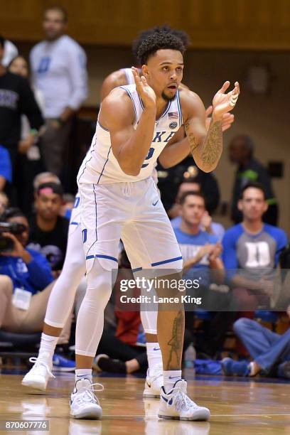 Gary Trent, Jr. #2 of the Duke Blue Devils reacts during their game against the Bowie State Bulldogs at Cameron Indoor Stadium on November 4, 2017 in...