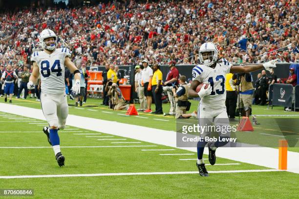 Hilton of the Indianapolis Colts scores a touchdown against the Houston Texans in the third quarter at NRG Stadium on November 5, 2017 in Houston,...