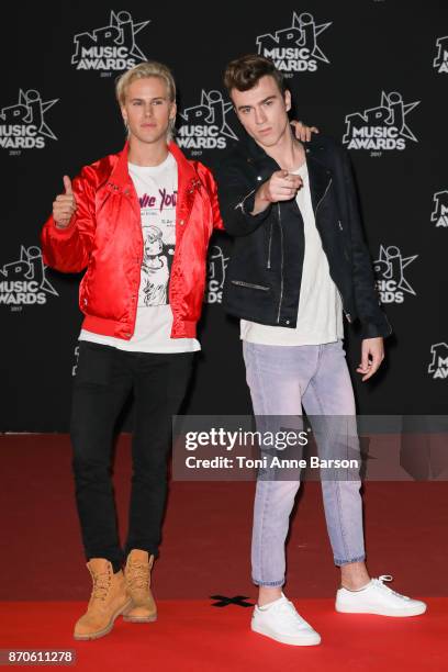 Cesar Laurent de Rummel and Dorian Lauduique from 'Ofenbach' DJs band arrive at the 19th NRJ Music Awards ceremony at the Palais des Festivals on...