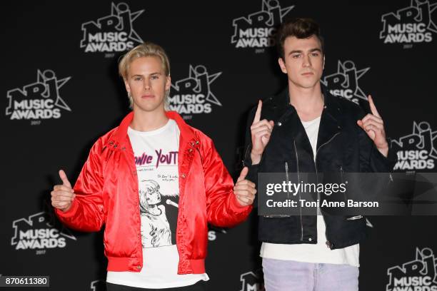 Cesar Laurent de Rummel and Dorian Lauduique from 'Ofenbach' DJs band arrive at the 19th NRJ Music Awards ceremony at the Palais des Festivals on...