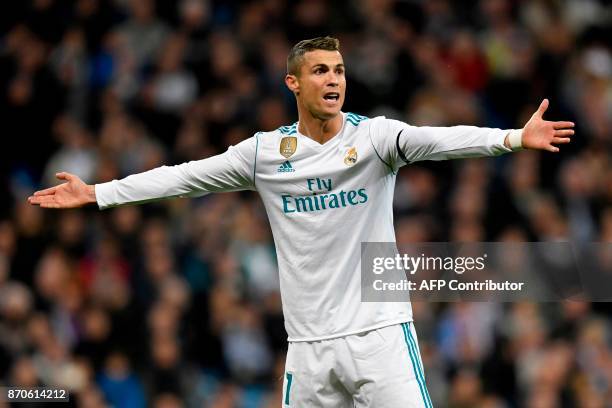 Real Madrid's Portuguese forward Cristiano Ronaldo reacts during the Spanish league football match Real Madrid CF vs UD Las Palmas at the Santiago...