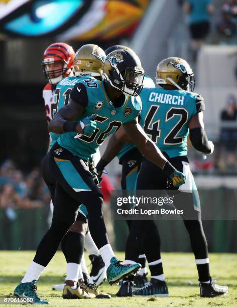 Telvin Smith of the Jacksonville Jaguars celebrates a play on the field in the second half of their game against the Cincinnati Bengals at EverBank...