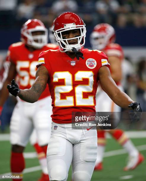 Marcus Peters of the Kansas City Chiefs stands on the field during warm ups before the game against the Dallas Cowboys at AT&T Stadium on November 5,...