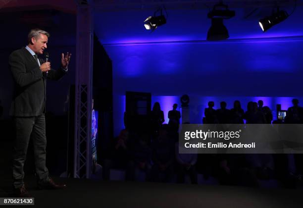 World Tour Executive Chairman and President Chris Kermode delivers a speach during the NextGen ATP Finals Launch Party on November 5, 2017 in Milan,...