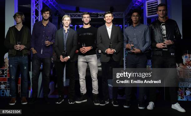 Andrey Rublev, Karen Khachanov, Denis Shapovalov, Borna Coric, Jared Donaldson, Hyeon Chung and Daniil Medvedev pose during the Next Gen ATP Final...