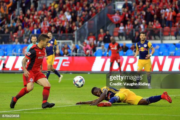 Sebastian Giovinco of Toronto FC misses a shot on goal during the first half of the MLS Eastern Conference Semifinal, Leg 2 game against New York Red...