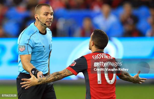 Sebastian Giovinco of Toronto FC pleads with the referee during the first half of the MLS Eastern Conference Semifinal, Leg 2 game against New York...