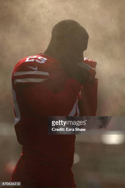 Jaquiski Tartt of the San Francisco 49ers is introduced prior to their game against the Arizona Cardinals during their NFL game at Levi's Stadium on...