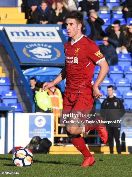 Cameron Brannagan of Liverpool in action during the U23 Premier League Cup between Liverpool and Bristol City at The Swansway Chester Stadium on...