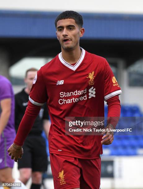 Yan Dhanda of Liverpool during the U23 Premier League Cup between Liverpool and Bristol City at The Swansway Chester Stadium on November 5, 2017 in...