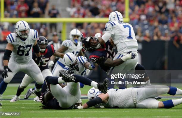 Jacoby Brissett of the Indianapolis Colts is sacked by Benardrick McKinney of the Houston Texans in the fourth quarter at NRG Stadium on November 5,...