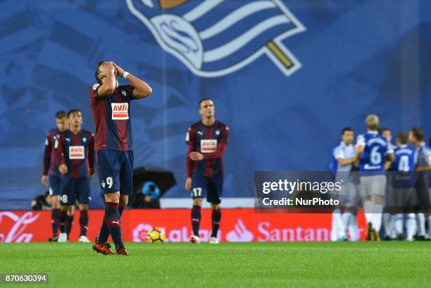 Sergi Enrich of Eibar reacts during the Spanish league football match between Real Sociedad and Eibar at the Anoeta Stadium on 5 November 2017 in San...