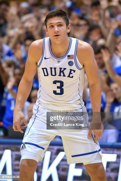 Grayson Allen of the Duke Blue Devils looks on during their game against the Bowie State Bulldogs at Cameron Indoor Stadium on November 4, 2017 in...