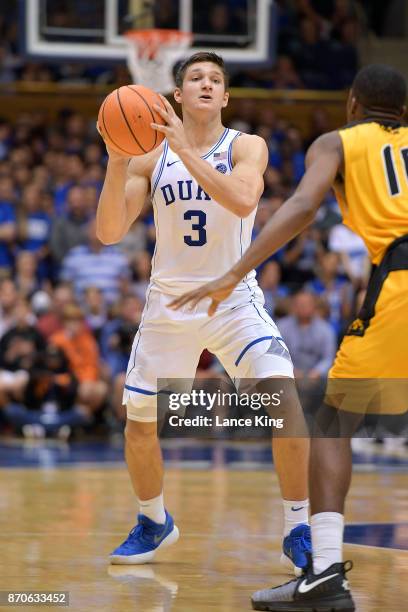 Grayson Allen of the Duke Blue Devils looks to pass against the Bowie State Bulldogs at Cameron Indoor Stadium on November 4, 2017 in Durham, North...