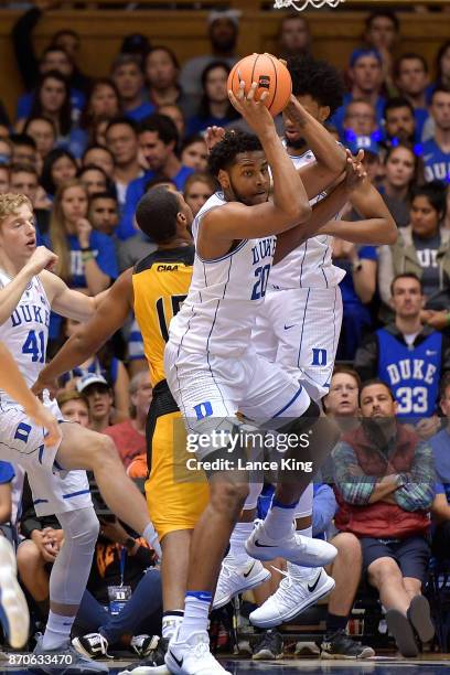 Marques Bolden of the Duke Blue Devils gets a defensive rebound against the Bowie State Bulldogs at Cameron Indoor Stadium on November 4, 2017 in...