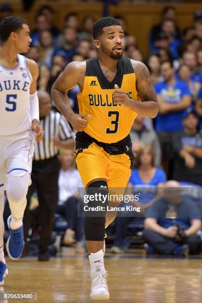 Ahmaad Wilson of the Bowie State Bulldogs in action against the Duke Blue Devils at Cameron Indoor Stadium on November 4, 2017 in Durham, North...