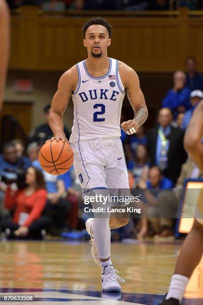 Gary Trent, Jr. #2 of the Duke Blue Devils moves the ball against the Bowie State Bulldogs at Cameron Indoor Stadium on November 4, 2017 in Durham,...