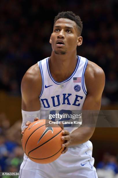 Javin DeLaurier of the Duke Blue Devils concentrates at the free-throw line against the Bowie State Bulldogs at Cameron Indoor Stadium on November 4,...