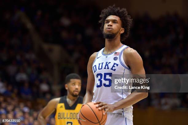 Marvin Bagley III of the Duke Blue Devils concentrates at the free-throw line against the Bowie State Bulldogs at Cameron Indoor Stadium on November...