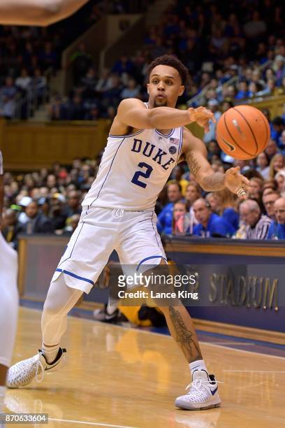 Gary Trent, Jr. #2 of the Duke Blue Devils passes the ball against the Bowie State Bulldogs at Cameron Indoor Stadium on November 4, 2017 in Durham,...