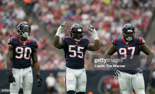 Benardrick McKinney of the Houston Texans gets the crowd to make noise in the fourth quarter against the Indianapolis Colts at NRG Stadium on...