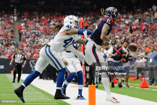 Matthias Farley of the Indianapolis Colts breaks up a pass intended for Will Fuller of the Houston Texans in the third quarter at NRG Stadium on...