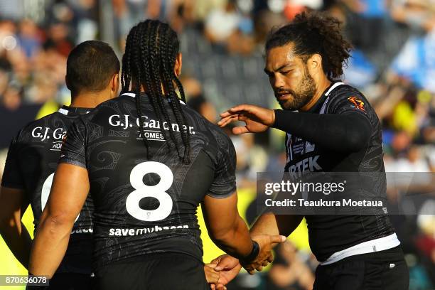 Adam Blair and Jared Waerea-Hargreaves of New Zealand congratulate each other after the 2017 Rugby League World Cup match between the New Zealand...