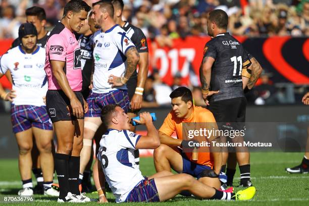 Brandan Wilkinson of Scotland is injured during the 2017 Rugby League World Cup match between the New Zealand Kiwis and Scotland at AMI Stadium on...