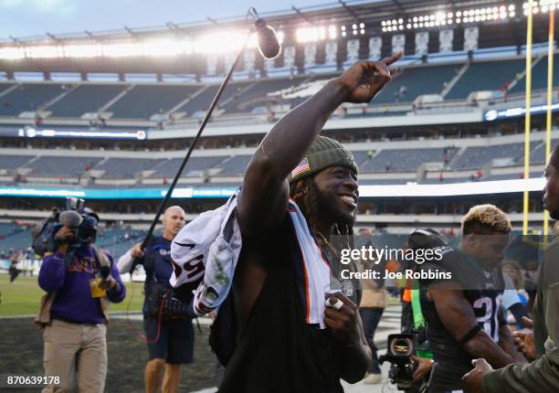 Running back Jay Ajayi of the Philadelphia Eagles reacts as he leaves the field after their 51-23 win over the Denver Broncos during the fourth...