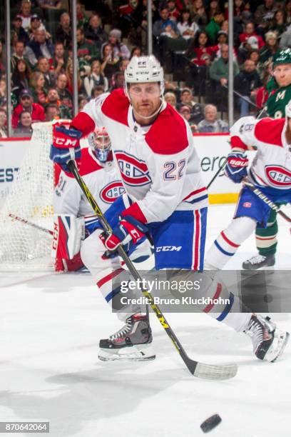 Karl Alzner of the Montreal Canadiens defends against the Minnesota Wild during the game at the Xcel Energy Center on November 2, 2017 in St. Paul,...