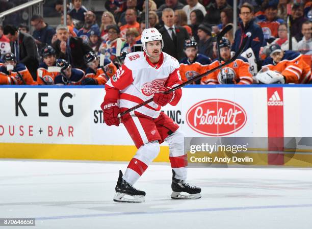 Xavier Ouellet of the Detroit Red Wings skates during the game against the Edmonton Oilers on November 5, 2017 at Rogers Place in Edmonton, Alberta,...